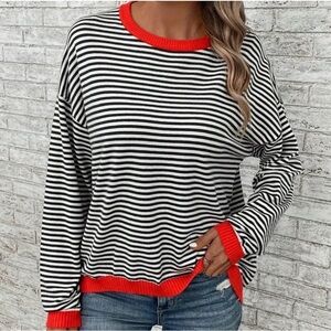 100% Cotton Women’s Size Large Striped Black and White Sweater with Red Accents